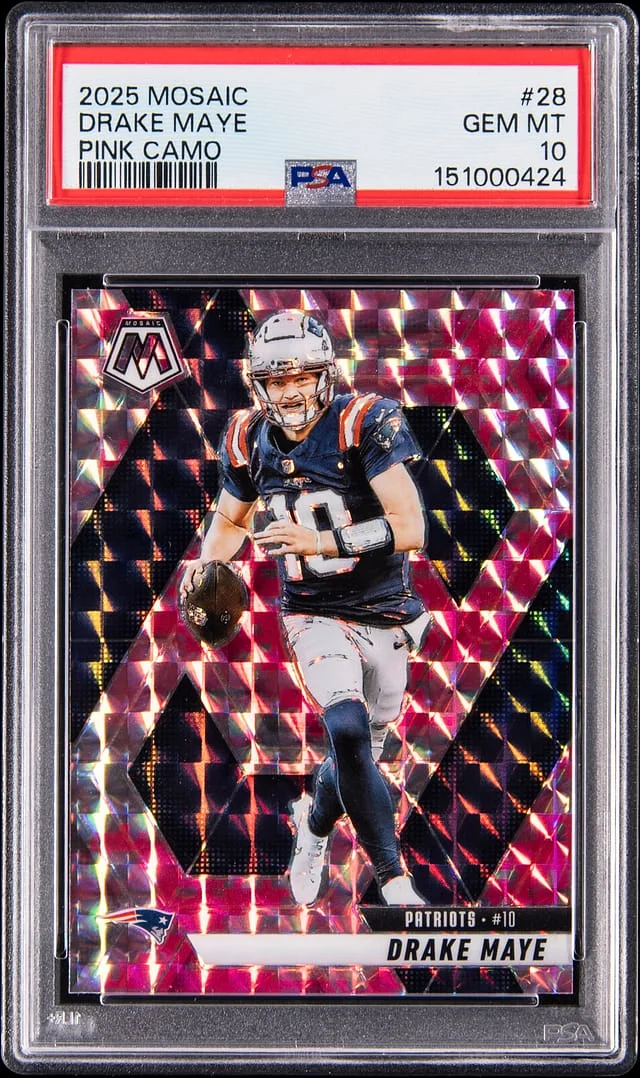 2025 Panini Mosaic Drake Maye Pink Camo #28 card image