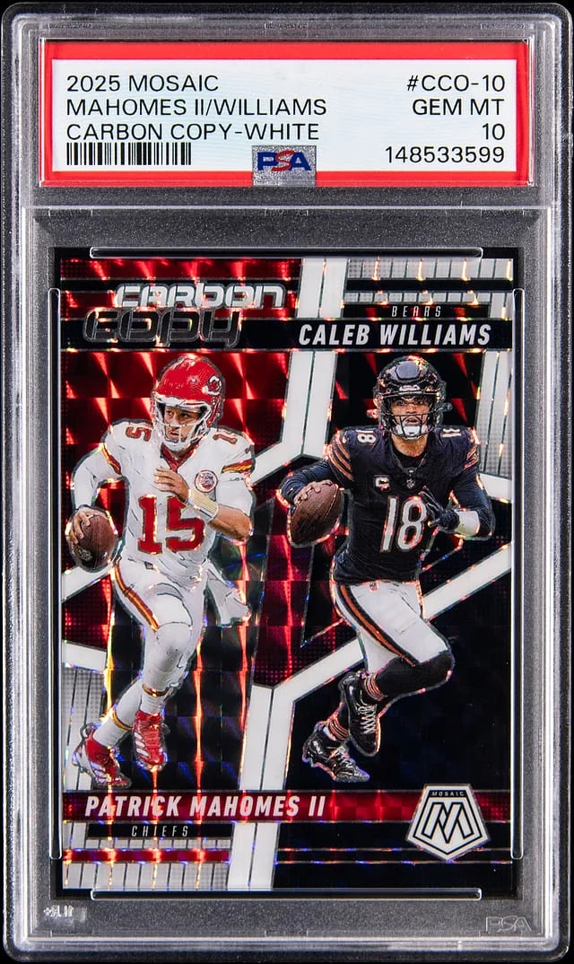 2025 Panini Mosaic Patrick Mahomes II/Caleb Williams Carbon Copy White #CCO-10 card image