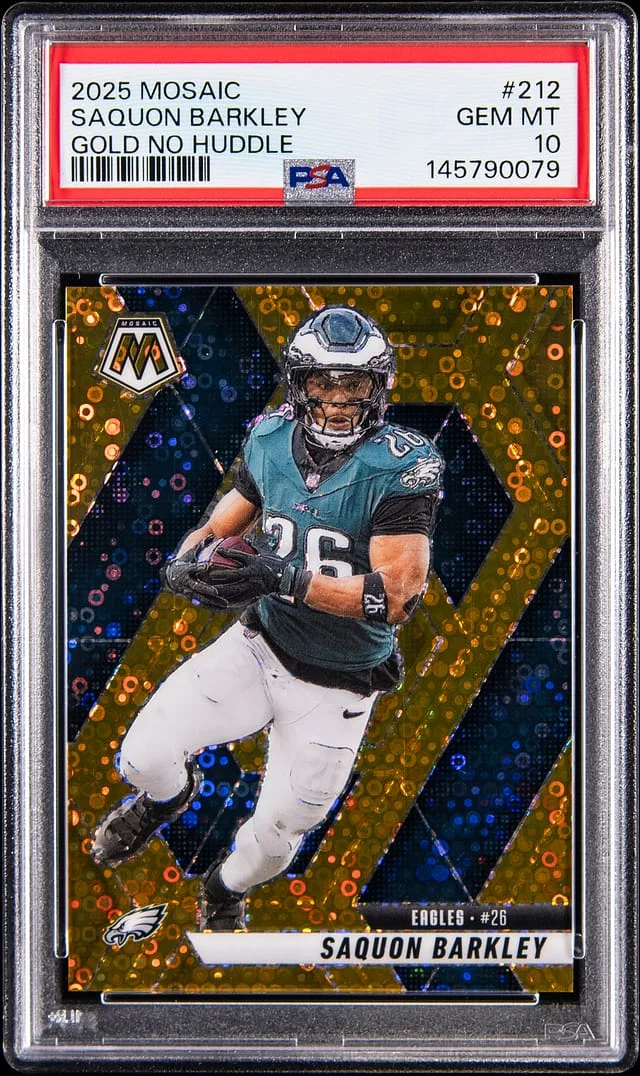 2025 Panini Mosaic Saquon Barkley Gold No Huddle #212 card image