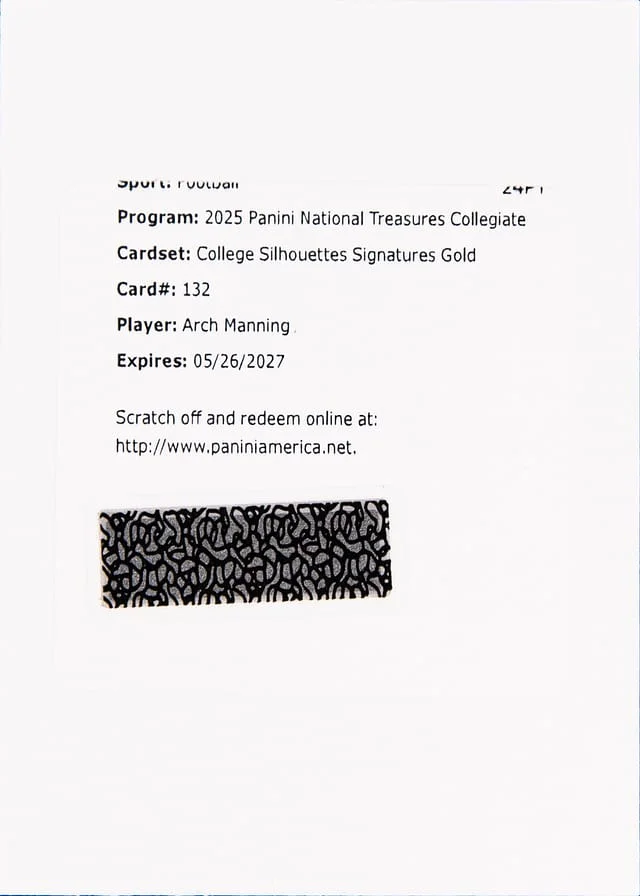 2025 Panini National Treasures Arch Manning Collegiate College Silhouettes Signatures Gold #132 card image