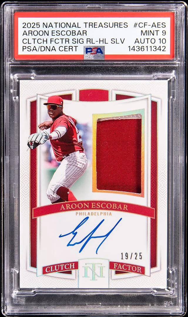 2025 Panini National Treasures Aroon Escobar Clutch Factor Signature Relic Holo Silver #CF-AES card image