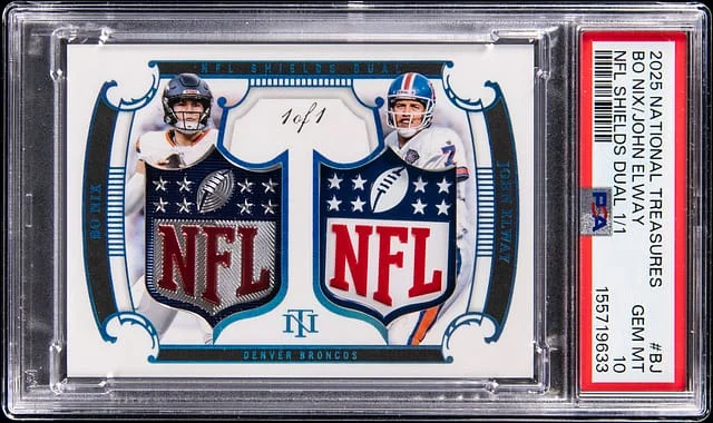 2025 Panini National Treasures Bo Nix/John Elway NFL Shields Dual #SHD-BJ card image