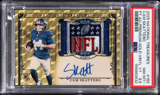 2025 Panini National Treasures Cam Skattebo Patch Autograph (RPA) Premium Gold Vinyl #162 card image