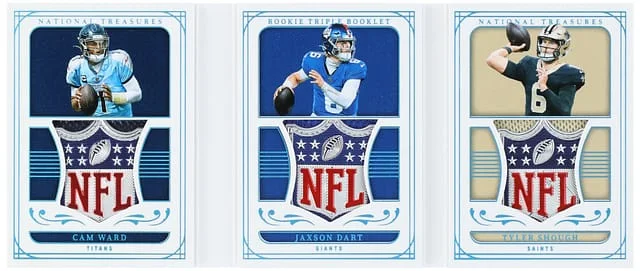 2025 Panini National Treasures Cam Ward/Jaxson Dart/Tyler Shough Patch - Ward's Jersey Number Triple Booklet NFL Shield #RTB-QB1 card image