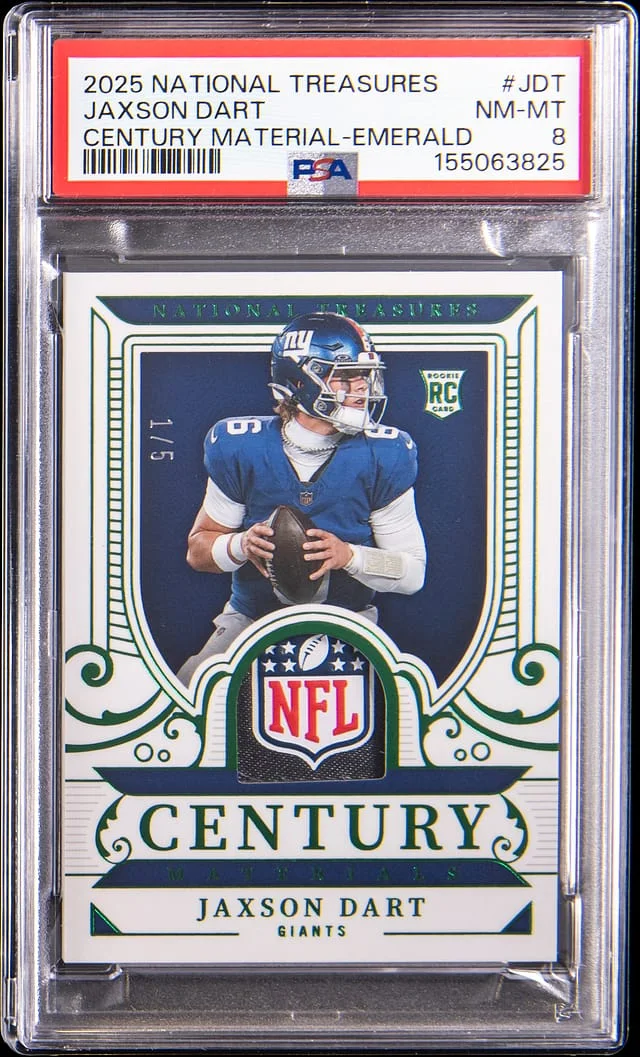 2025 Panini National Treasures Jaxson Dart Century Material Emerald #CM-JDT card image