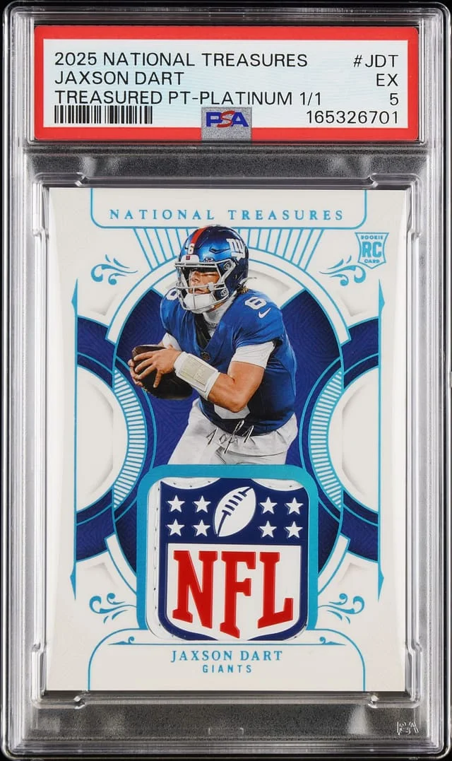 2025 Panini National Treasures Jaxson Dart NFL Shield Treasured Patches Platinum #TP-JDT card image