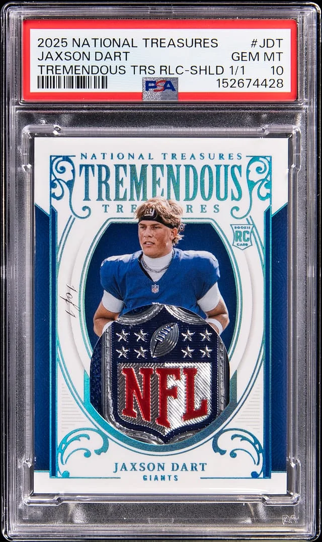 2025 Panini National Treasures Jaxson Dart NFL Shield Tremendous Treasures Relic Shield #TT-JDT card image
