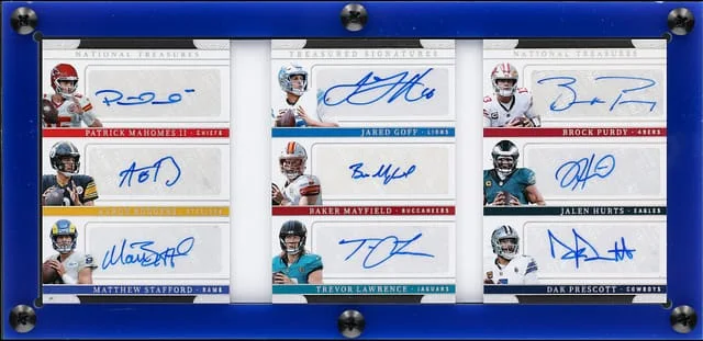 2025 Panini National Treasures Mahomes II/Rodgers/Stafford/Goff/Mayfield/Lawrence/Purdy/Hurts/Prescott Multi-Signed Booklet Treasured Signatures #TS-QB card image