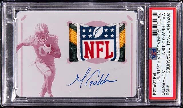 2025 Panini National Treasures Matthew Golden Patch Autographs Magenta Printing Plate #159 card image