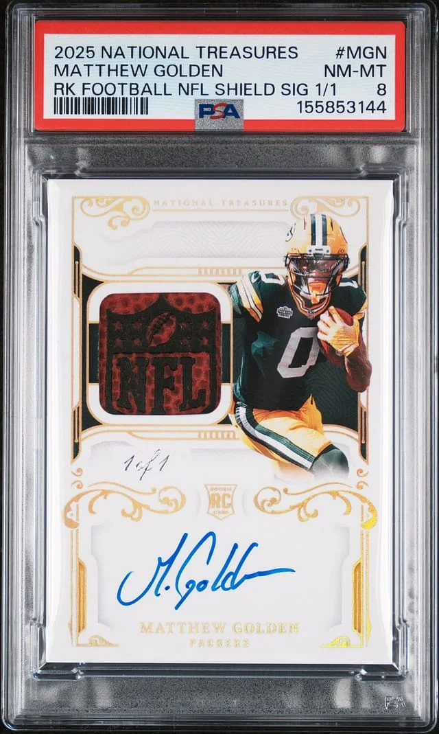 2025 Panini National Treasures Matthew Golden Gloves NFL Shield Signatures Brand Logo #RGS-MGN card image