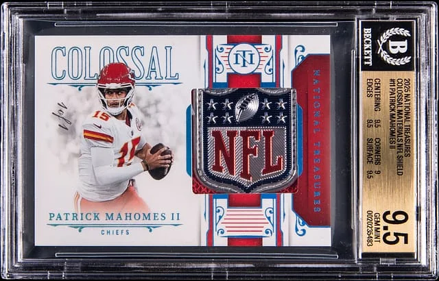 2025 Panini National Treasures Patrick Mahomes II Colossal Materials NFL Shield #CMS-PMS card image