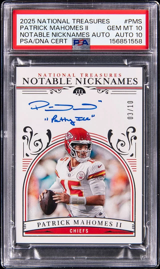 2025 Panini National Treasures Patrick Mahomes II Notable Nicknames Autograph #NN-PMS card image
