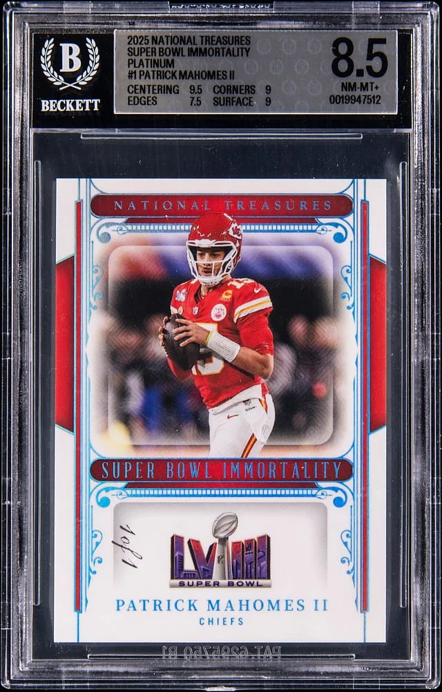 2025 Panini National Treasures Patrick Mahomes II Super Bowl Immortality Platinum #SBI-PMS card image