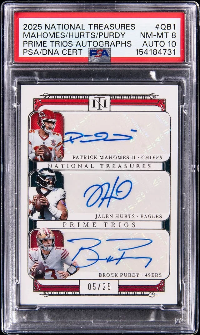 2025 Panini National Treasures Patrick Mahomes II/Jalen Hurts/Brock Purdy Multi-Signed Prime Trios Autographs #QB1 card image