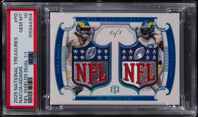 2025 Panini National Treasures Puka Nacua/Davante Adams NFL Shield NFL Shields Dual #SHD-PD card image