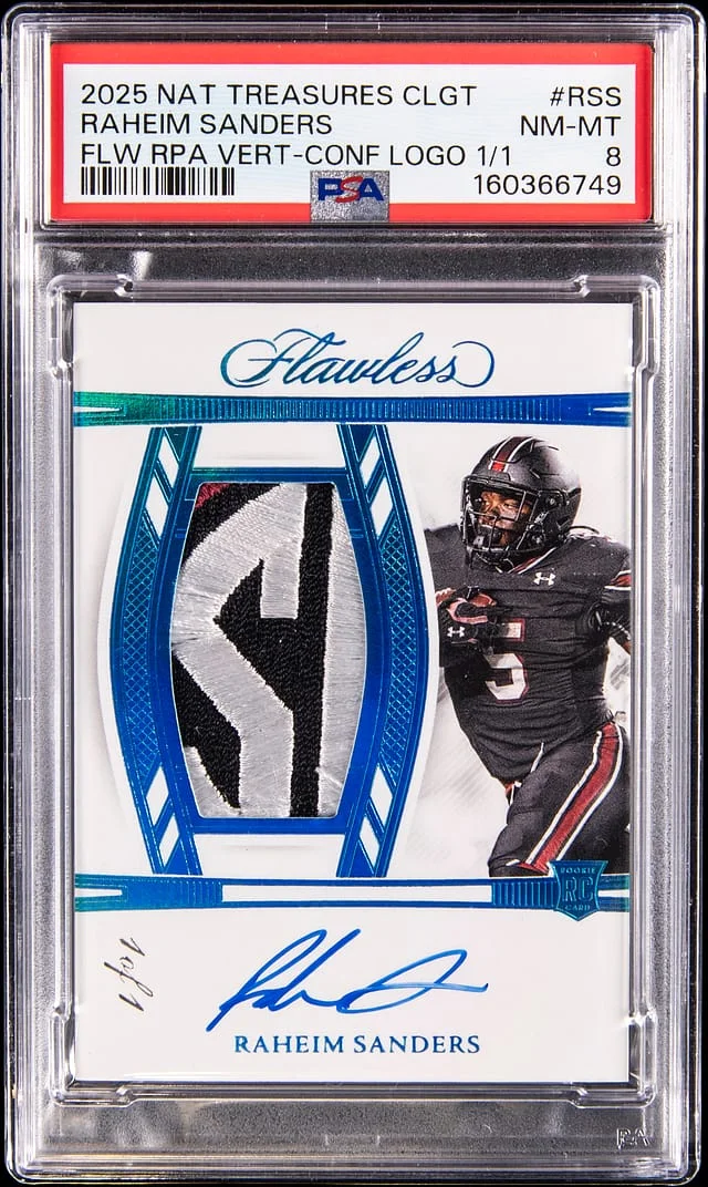 2025 Panini National Treasures Raheim Sanders Collegiate Flawless Patch Autograph Vertical Conference Logo #RPAV-RSS card image