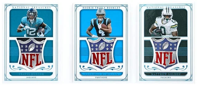 2025 Panini National Treasures Travis Hunter/Teitaroa McMillan/Matthew Golden NFL Shield Triple Booklet #RTB-WR1 card image