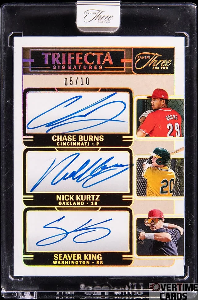 2025 Panini Nick Kurtz/Chase Burns/Seaver King Three and Two Trifecta Signatures Holo Gold #TRI-WFU card image