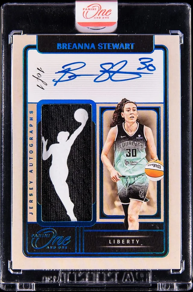 2025 Panini One and One Breanna Stewart WNBA Jersey Autographs Platinum Blue Logowoman #JA-BST card image