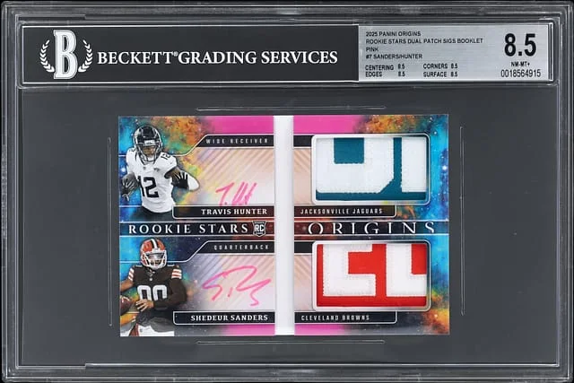 2025 Panini Origins Travis Hunter/Shedeur Sanders Stars Dual Patch Signatures Booklet Pink #RSD-COL card image