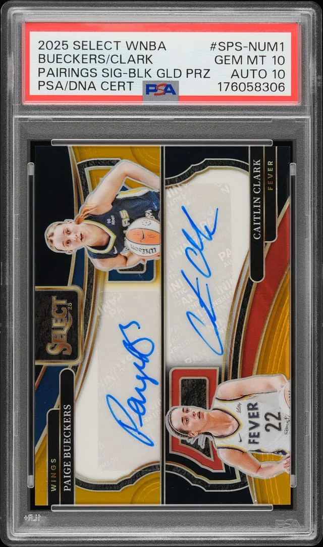 2025 Panini Paige Bueckers/Caitlin Clark WNBA Select Select Pairings Signatures Black Gold Prizm #SPS-NUM1 card image