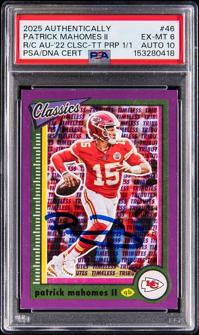 2025 Panini Patrick Mahomes II Authentically Mahomes Recollection Collection Autograph '22 Classics Timeless Tributes Purple #46 card image