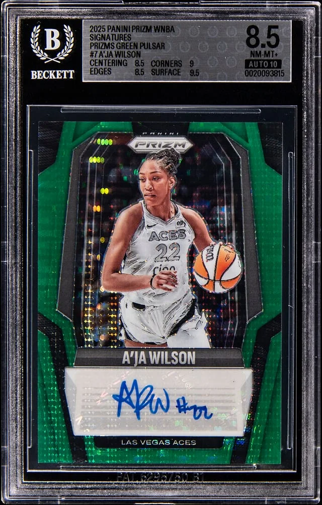 2025 Panini Prizm A'ja Wilson WNBA Signatures Prizms Green Pulsar #7 card image