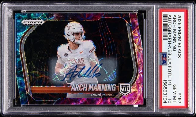 2025 Panini Prizm Arch Manning Black Autographs Nebula First Off The Line (FOTL) #197 card image