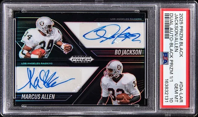 2025 Panini Prizm Bo Jackson/Marcus Allen Black Dual Autograph Black Prizm #DA-LAR card image