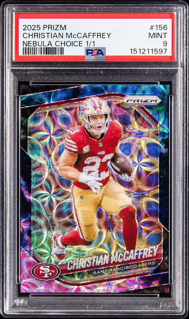 2025 Panini Prizm Christian McCaffrey Nebula Choice Prizm #156 card image