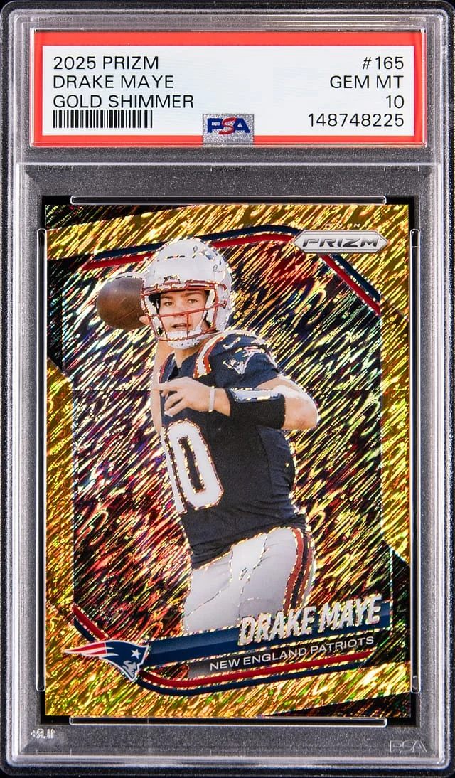 2025 Panini Prizm Drake Maye Gold Shimmer Prizm #165 card image
