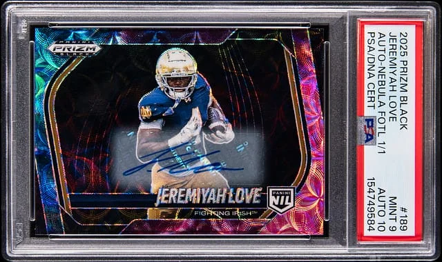 2025 Panini Prizm Jeremiyah Love Black Autographs 1st Off the Line (FOTL) Nebula Prizm #189 card image