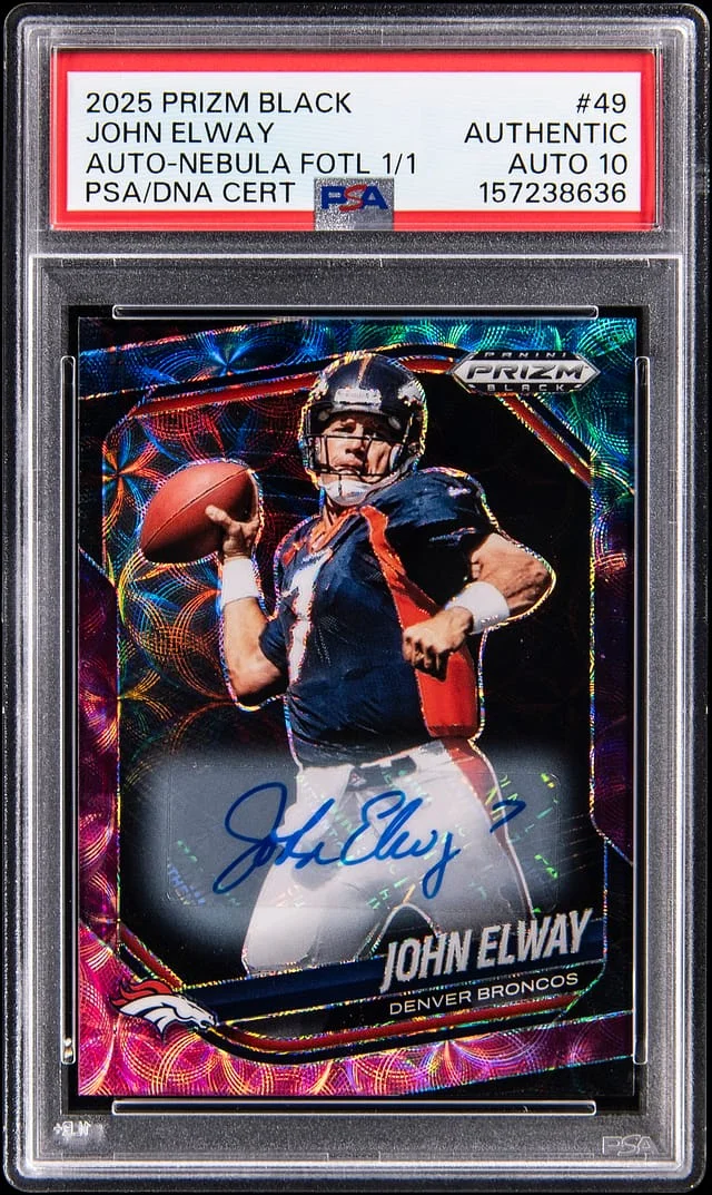 2025 Panini Prizm John Elway Black Autograph Nebula FOTL #49 card image