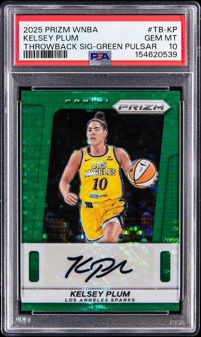 2025 Panini Prizm Kelsey Plum WNBA Throwback Signatures Green Pulsar Prizm #TB-KP card image