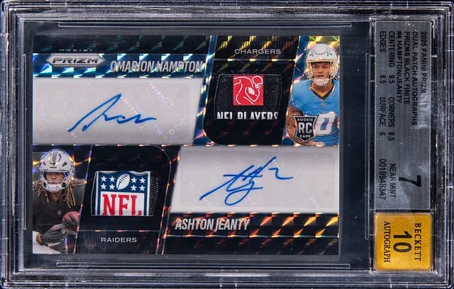 2025 Panini Prizm Omarion Hampton/Ashton Jeanty Dual Patch Autographs Black Finite Prizm #DPA-OHAJ card image
