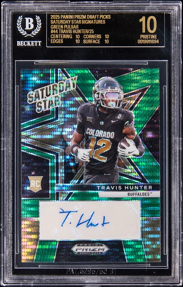 2025 Panini Prizm Travis Hunter Saturday Star Signatures Green Pulsar #SSS-THR card image