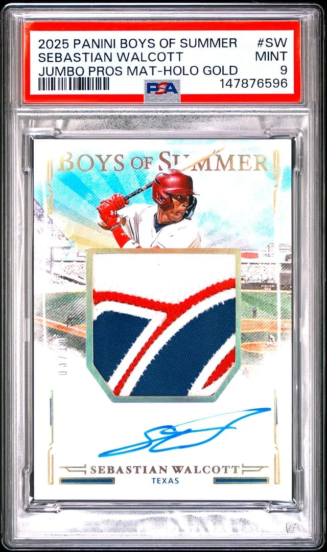 2025 Panini Sebastian Walcott Boys of Summer Jumbo Prospect Materials Holo Gold #JMS-SW card image