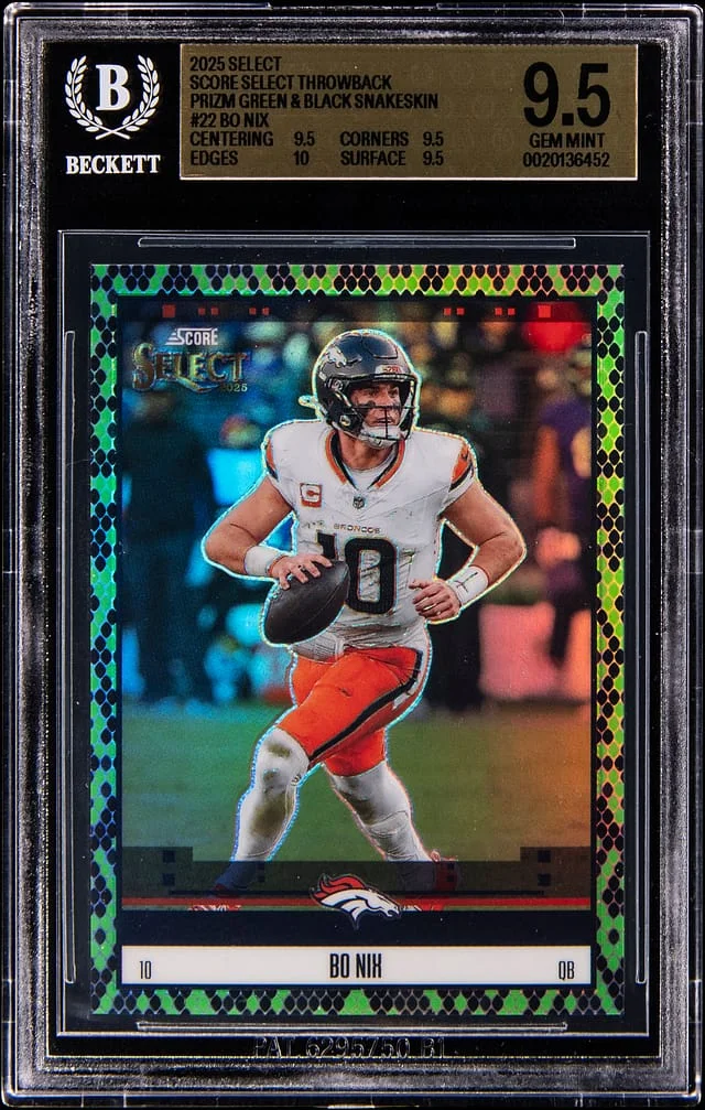 2025 Panini Select Bo Nix Score Select Throwback Green & Black Snakeskin Prizm #22 card image