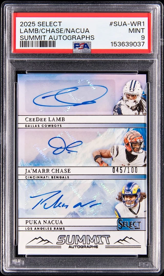 2025 Panini Select CeeDee Lamb/Ja'Marr Chase/Puka Nacua Multi-Signed Summit Autographs #SUA-WR1 card image