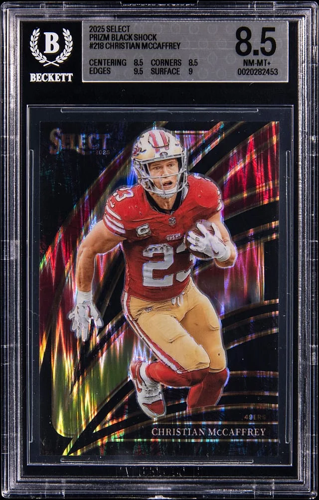 2025 Panini Select Christian McCaffrey Prizm Black Shock #218 card image