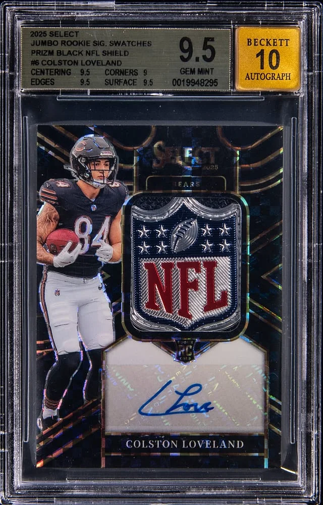 2025 Panini Select Colston Loveland Jumbo Signature Swatches NFL Shield Black Prizm #JRS-CLD card image