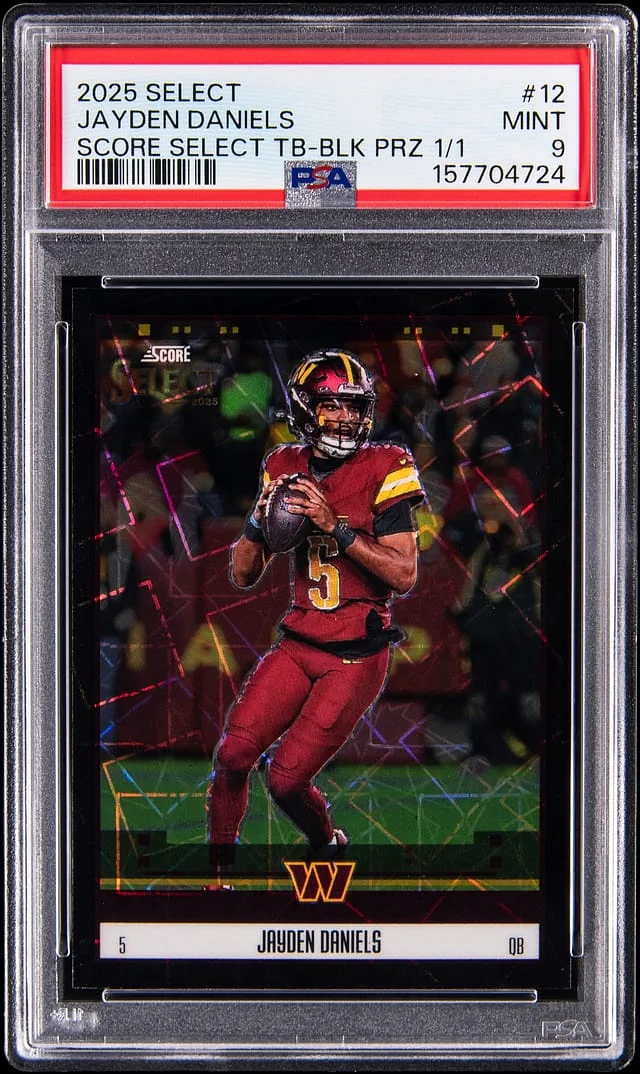 2025 Panini Select Jayden Daniels Score Throwback Black Prizm 1/1 #12 card image