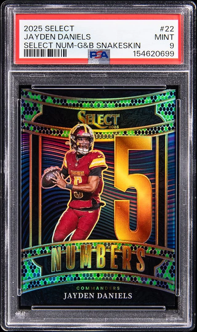 2025 Panini Select Jayden Daniels Select Numbers-Green & Black Snakeskin #22 card image