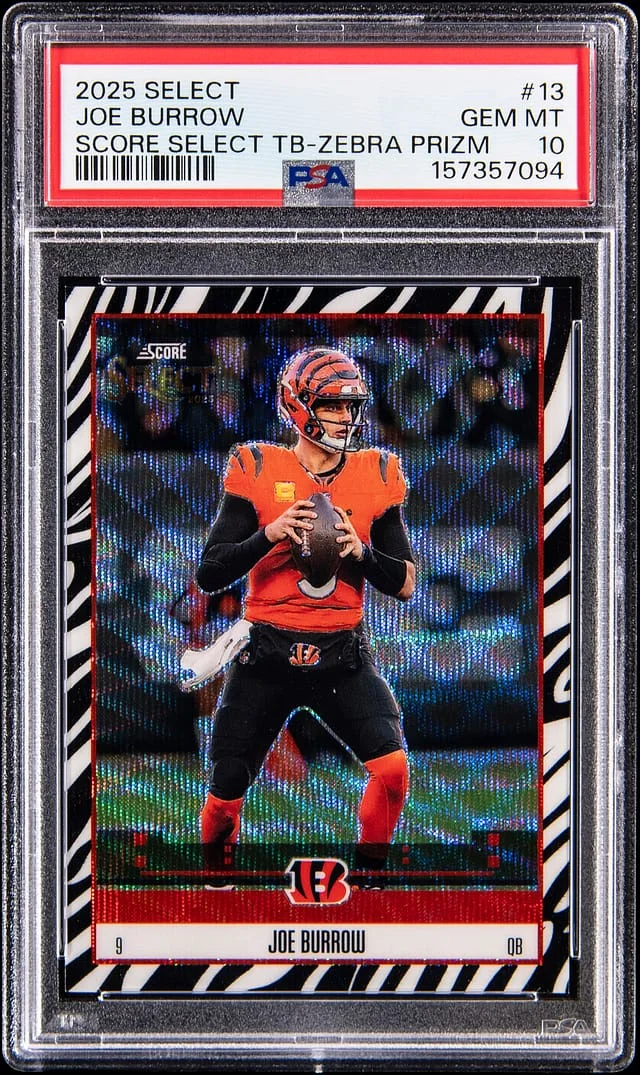 2025 Panini Select Joe Burrow Score Select Throwback - Zebra Prizm #13 card image