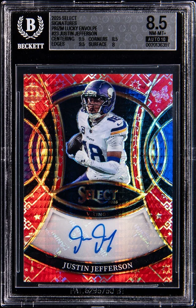 2025 Panini Select Justin Jefferson Signatures Prizm Green Die Cut #SP-JJF card image