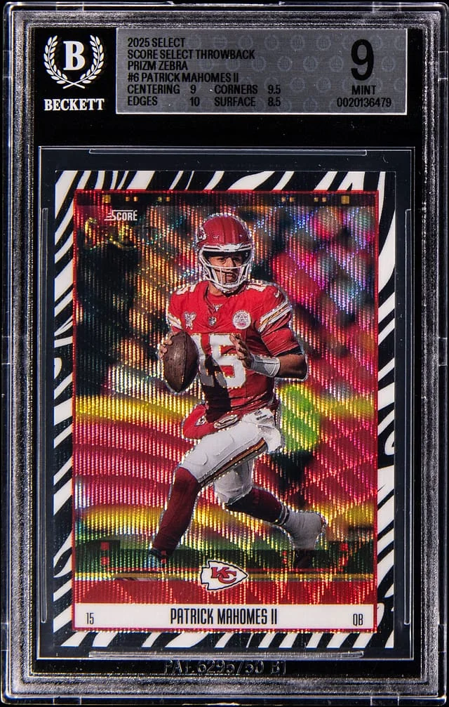 2025 Panini Select Patrick Mahomes II Score Select Throwback Prizm Zebra #6 card image