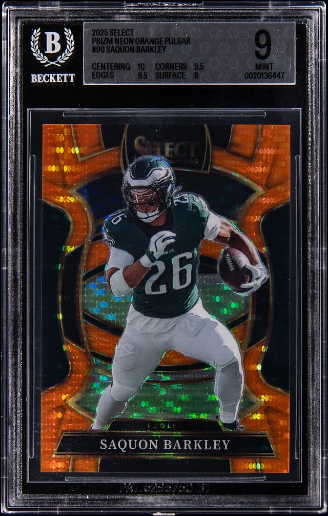 2025 Panini Select Saquon Barkley Prizm Neon Orange Pulsar #90 card image