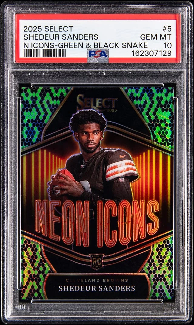 2025 Panini Select Shedeur Sanders Neon Icons Green & Black Snake #5 card image