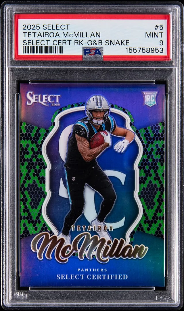 2025 Panini Select Tetairoa McMillan Select Certified -Green & Black Snake #5 card image