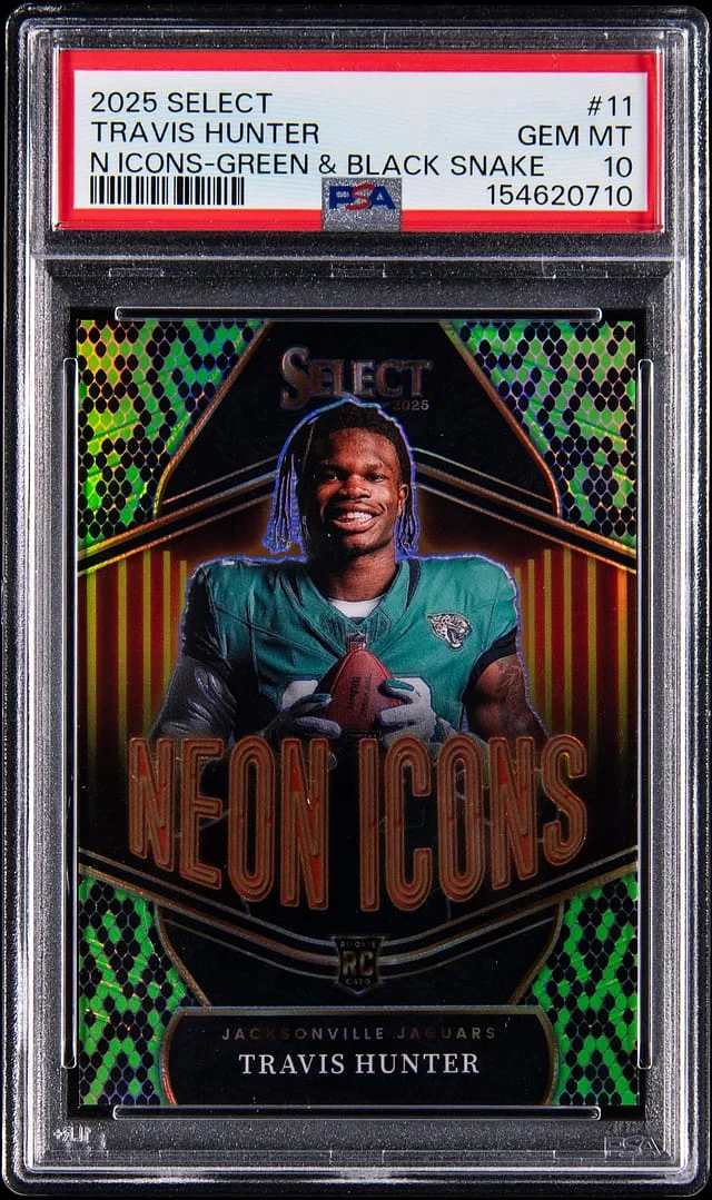 2025 Panini Select Travis Hunter Neon Icons-Green & Black Snake #11 card image